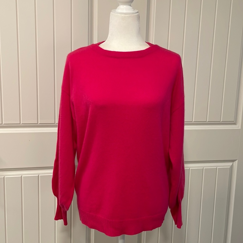 Lord & Taylor 2 Ply Cashmere Balloon Sleeve Fuchsia Oversized Sweater